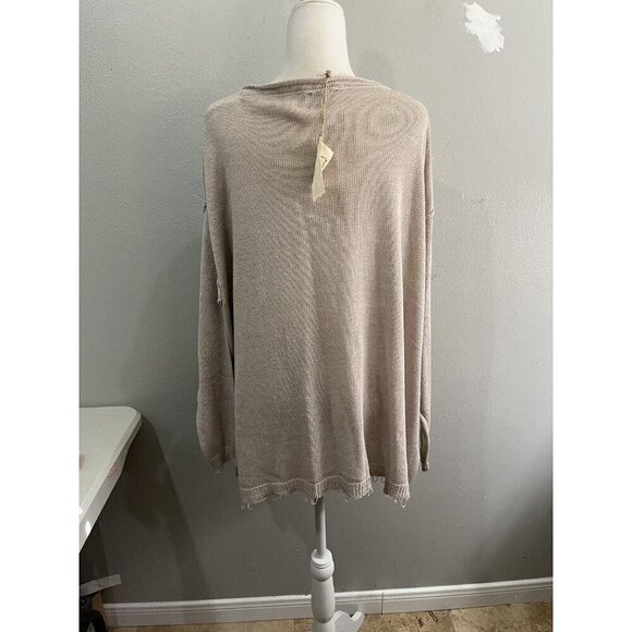 Easel Oversized Knitted Sweater Front Pocket Distressed Hems Size Medium Tan - Picture 6 of 11